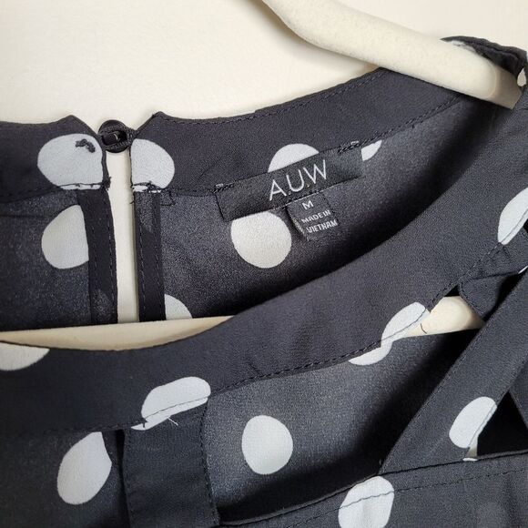 A.U.W. Polka Dot Blouse Black White Strappy Flounce Sleeve Teacher Office Medium - Picture 9 of 11